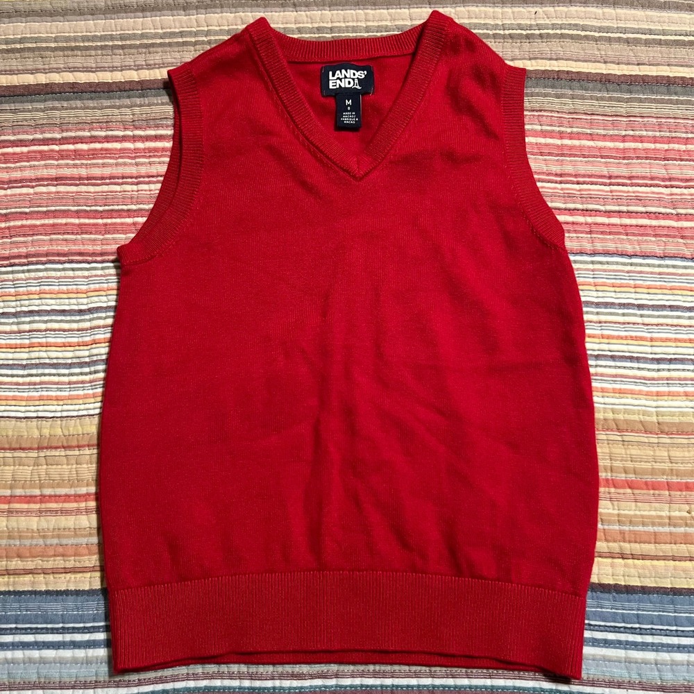 Lands End Kids Red V Neck Sweater Vest Size Medium